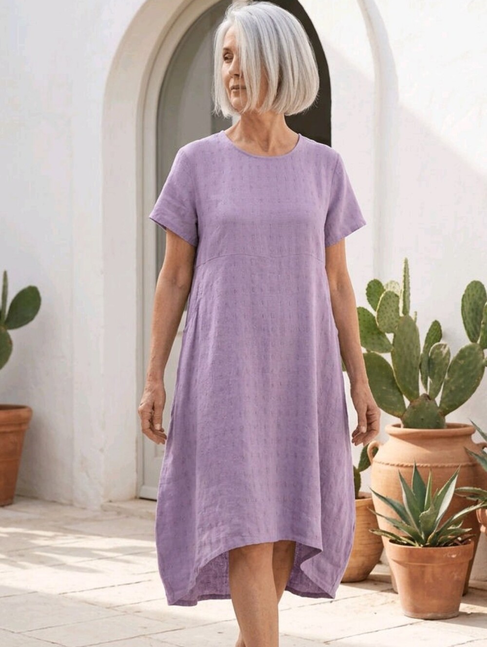 bryn Walker Linen Midi Dress Short Sleeve Purple Asymmetrical Pockets XXS